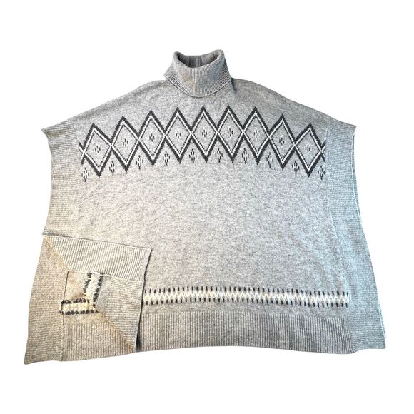 Orvis Wool Cashmere Nordic Fair Isle Poncho Cape Sweater Gray Diamond One Size - Picture 7 of 13